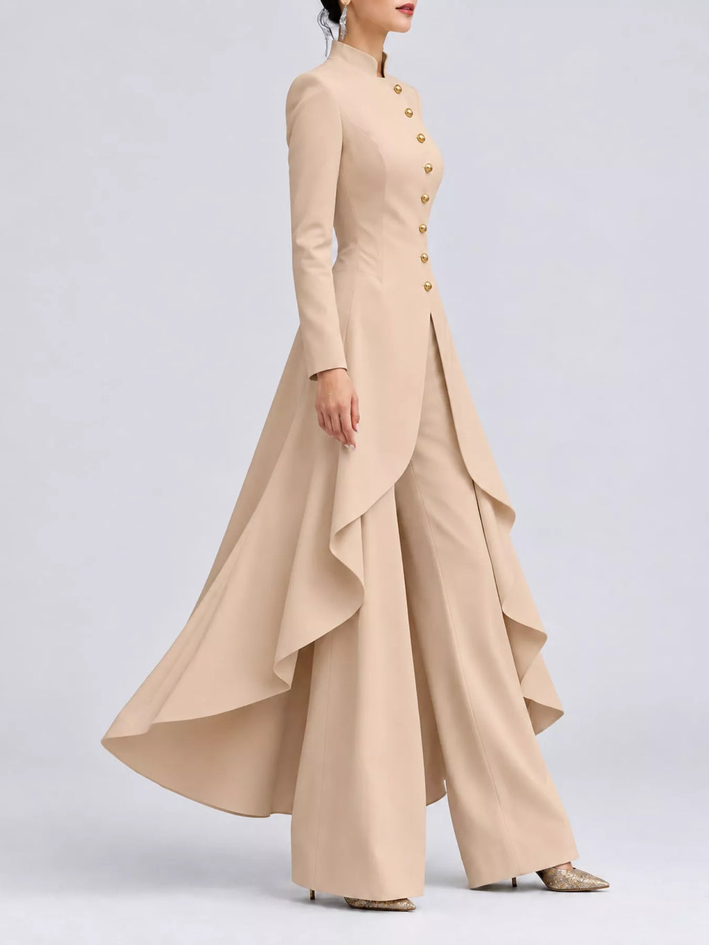 Ruffled High-Low Button Tunic & Wide-Leg Pants Set in Khaki by Belle Bijouix – view 54 of 82