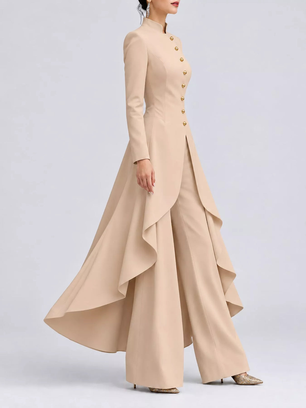Ruffled High-Low Button Tunic & Wide-Leg Pants Set in Khaki by Belle Bijouix – view 54 of 82