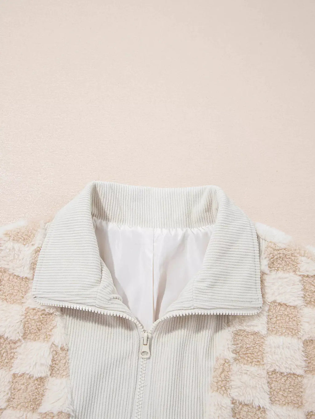 Checker Sherpa Corduroy Patchwork Zip-Up Jacket in beige and cream with ribbed collar
