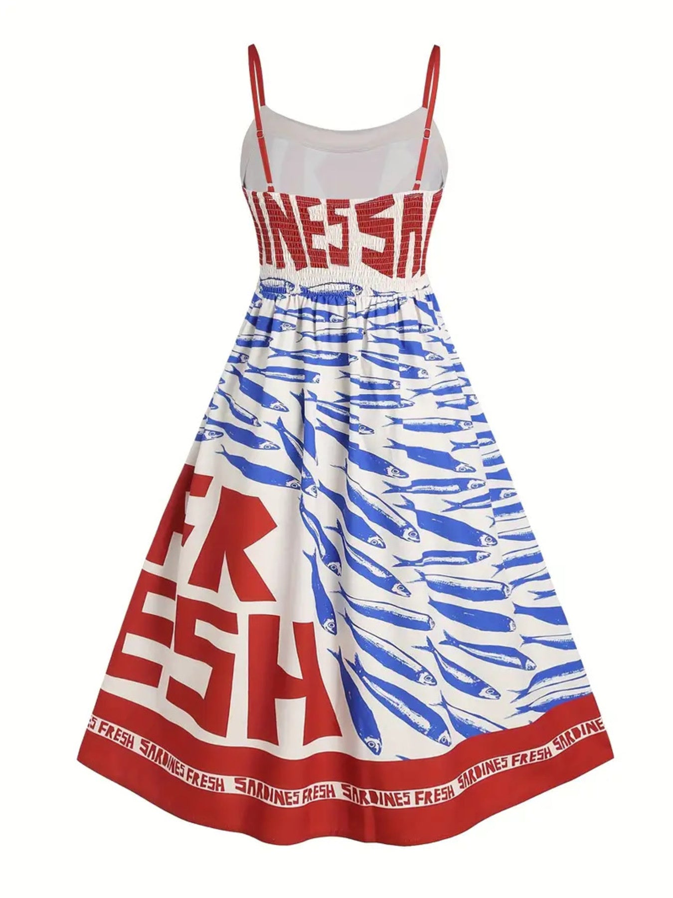 Sardine Print Spaghetti Strap Midi Dress; red straps, red lettering on bodice, blue fish-print skirt with red border.