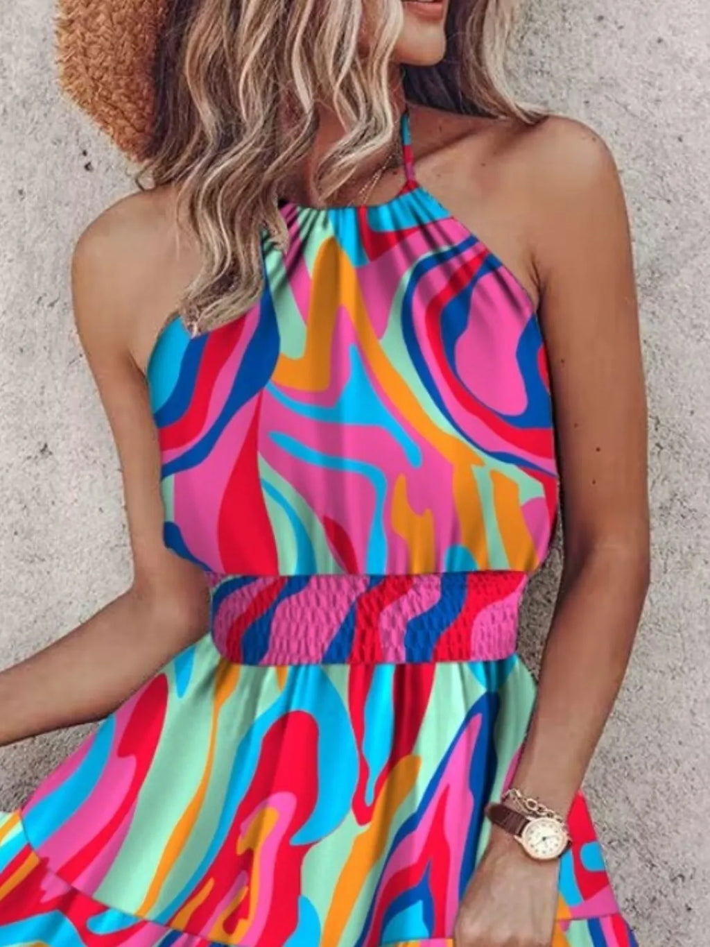Paisley Print Halter Neck Mini Dress by Belle Bijouix; vibrant paisley-style multicolor pattern with smocked waistband