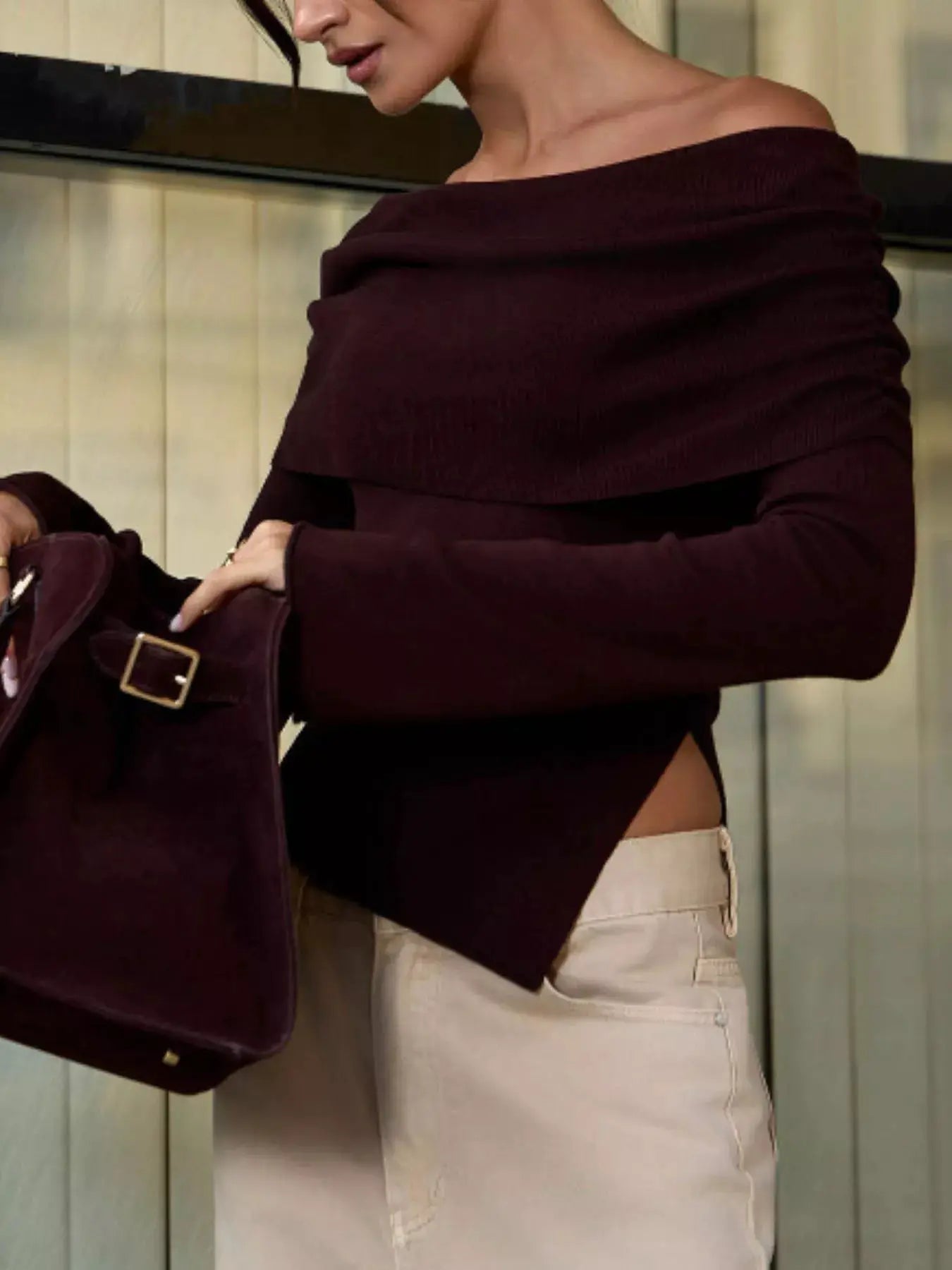 Asymmetrical Hem Off-Shoulder Long Sleeve Knit Top, burgundy knit fabric