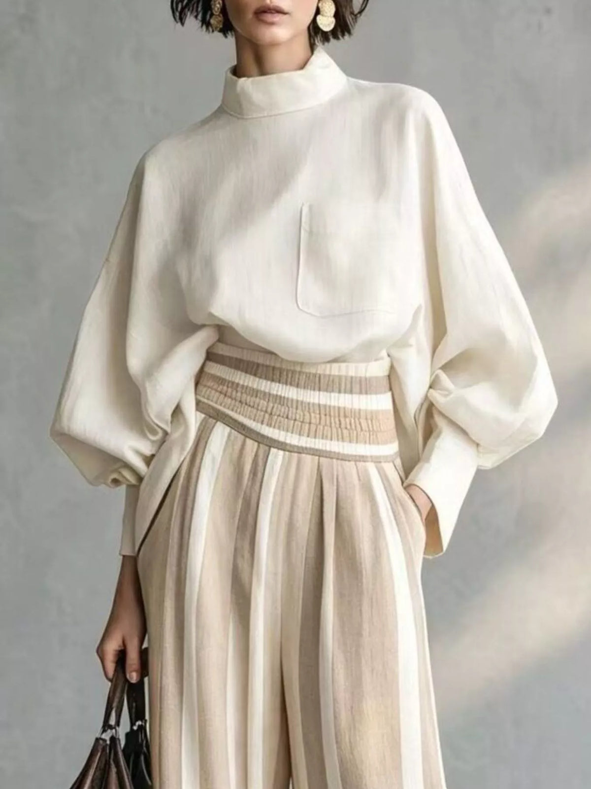 Mock Neck Blouse & Striped Wide-Leg Pants Set in Apricot by Belle Bijouix – view 6 of 12
