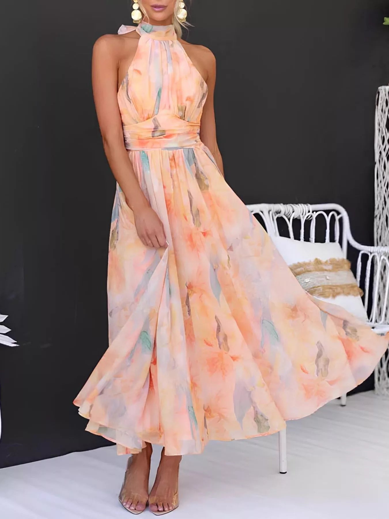 Trendsi floral halter-neck backless summer dress in pastel watercolor print with a flowing maxi silhouette