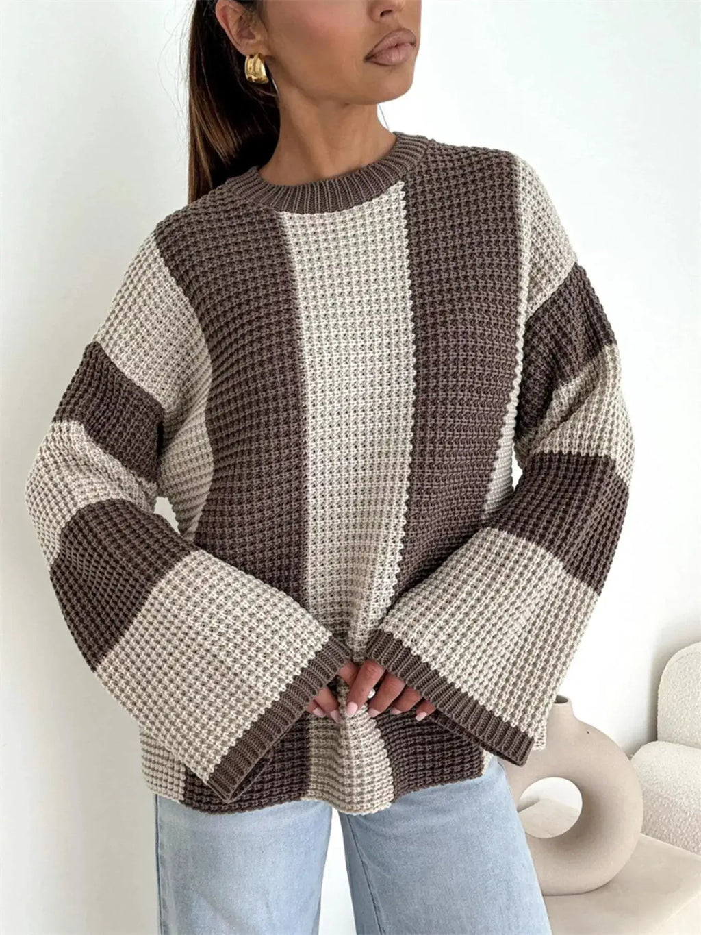 Color Block Long Sleeve Sweater, oversized knit in cream, taupe and chocolate brown