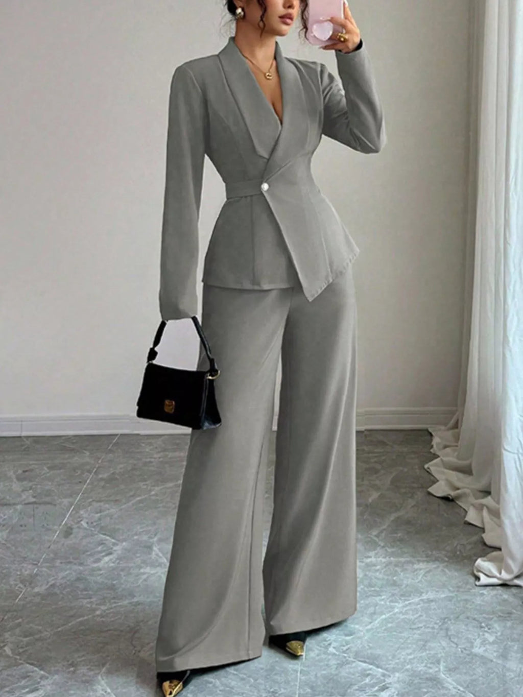 Belle Bijouix grey One Button Blazer and Pants Set; single-button blazer with pockets, wide-leg pants.