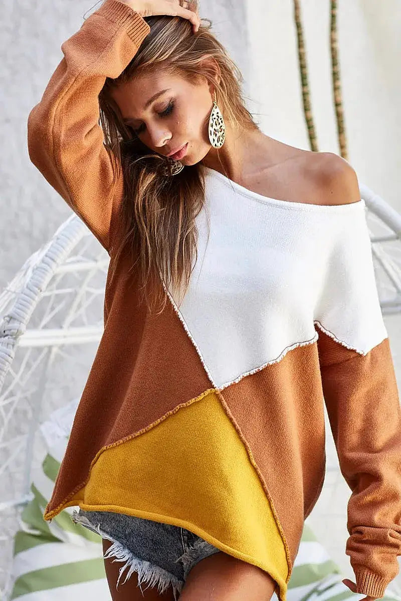 BiBi Color Block Geometric Sweater TOPS in burnt orange, white, and mustard with an off-shoulder neckline