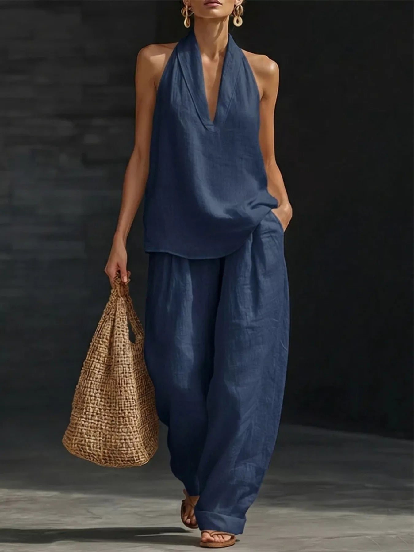 Full-size halter-neck top and wide-leg pants 2-piece set, navy blue, plus size, Trendsi