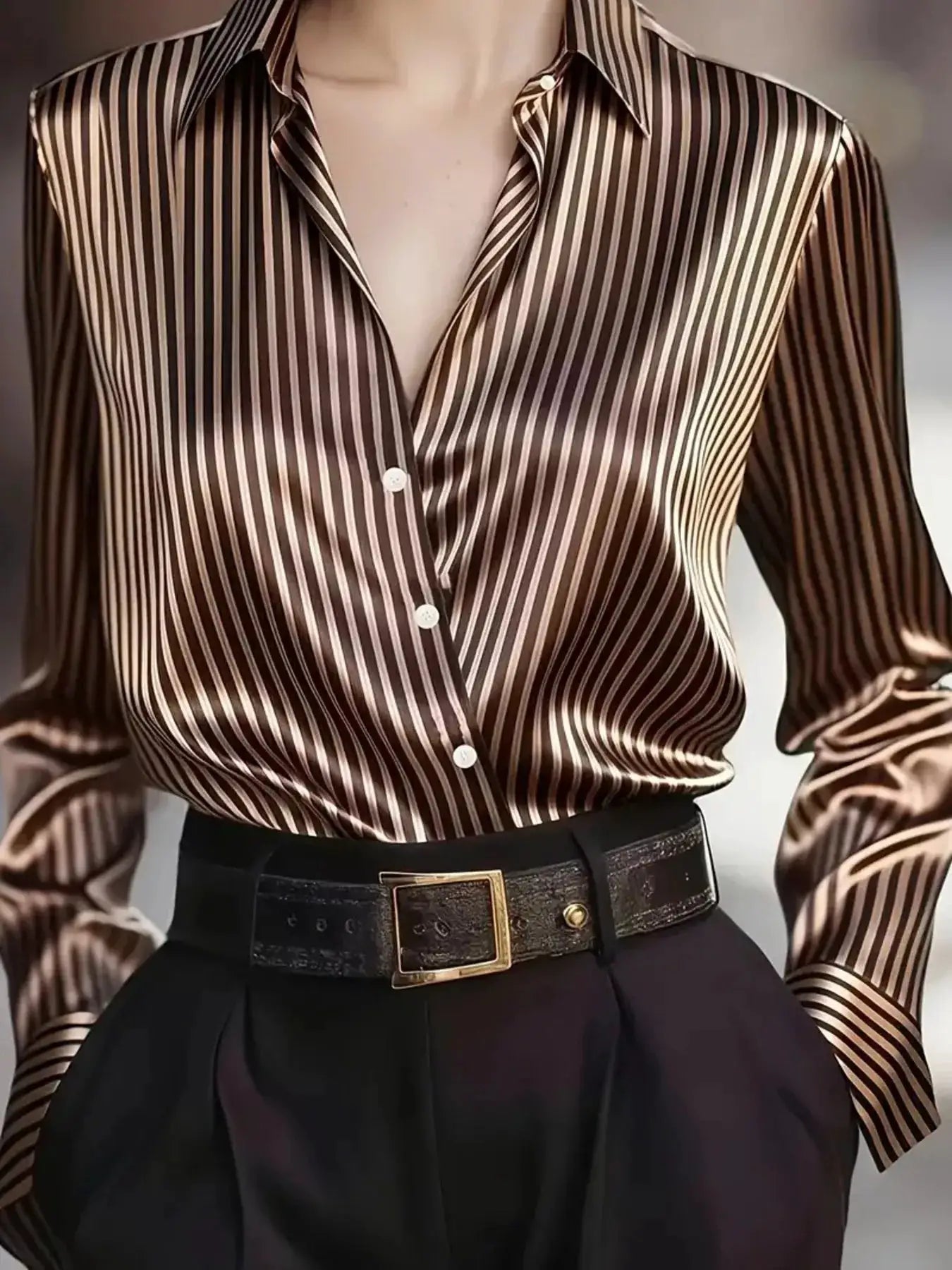 Striped long-sleeve shirt by Belle Bijouix in brown-gold satin with button-down front