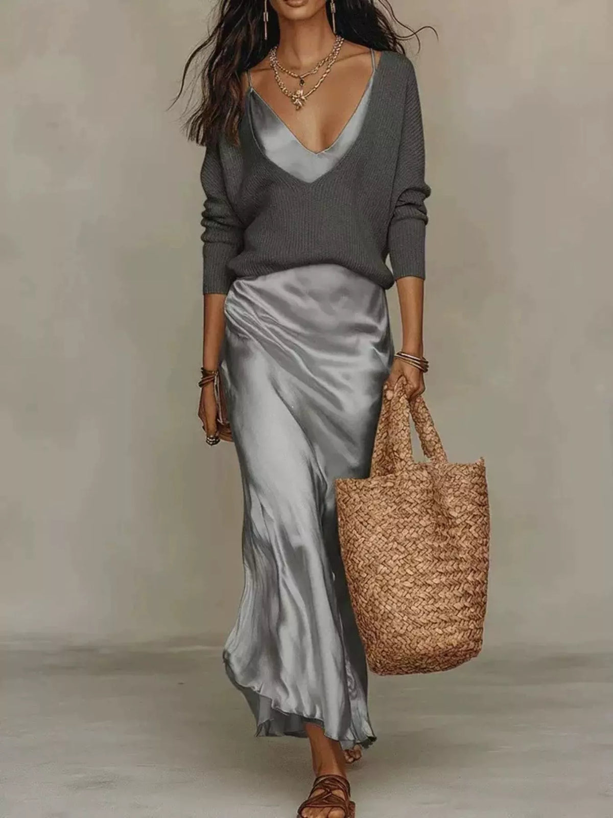 V-Neck Sweater & Satin Slip Maxi Dress Set in Gray by Belle Bijouix – view 25 of 41