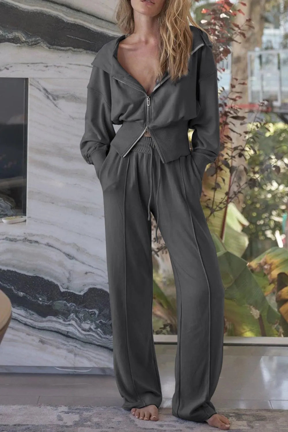 Zip-Up Hoodie and Pants Active Set in dark gray with zip front and drawstring waist