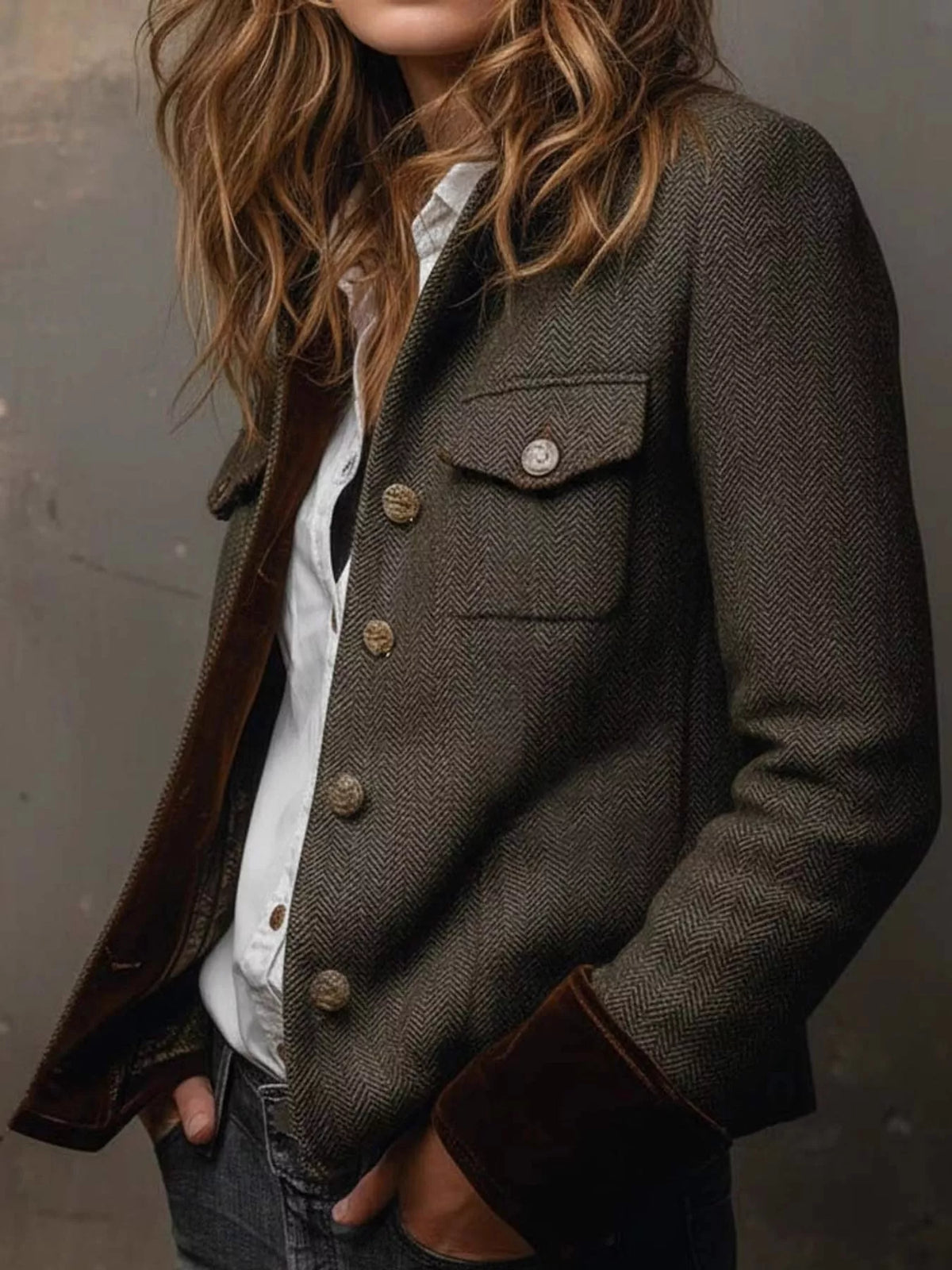 Herringbone Tweed Blazer with Velvet Cuffs in Army Green by Belle Bijouix – view 2 of 10