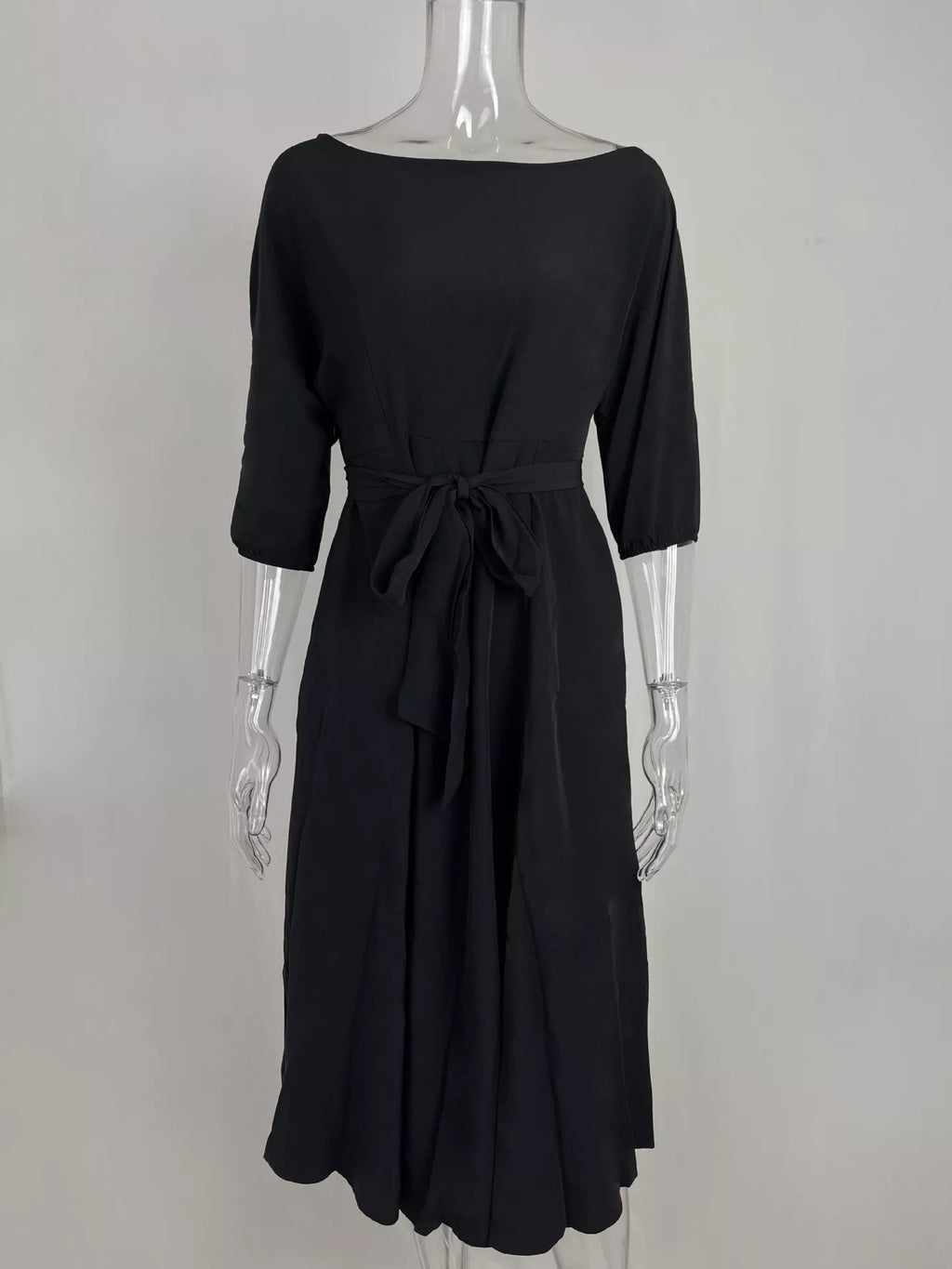 Boat Neck Tie Waist Dress in black with waist sash and three-quarter sleeves