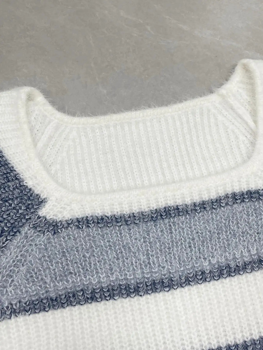 Striped Fuzzy Long Sleeve Sweater, white and blue-gray knit with crewneck.