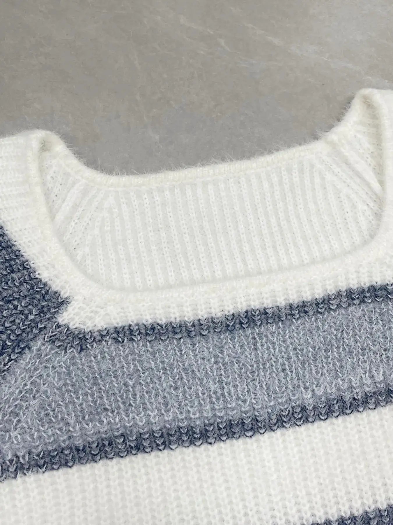 Striped Fuzzy Long Sleeve Sweater, white and blue-gray knit with crewneck.