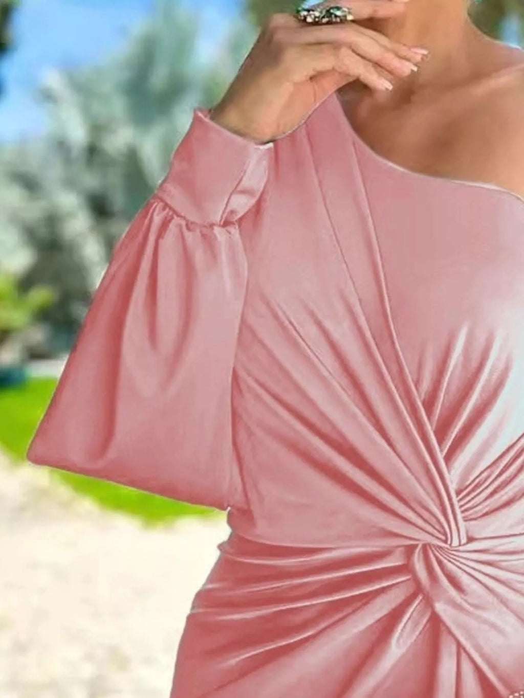 Full-Size One-Shoulder Knot-Detail Maxi Dress, pink satin, plus size by Trendsi