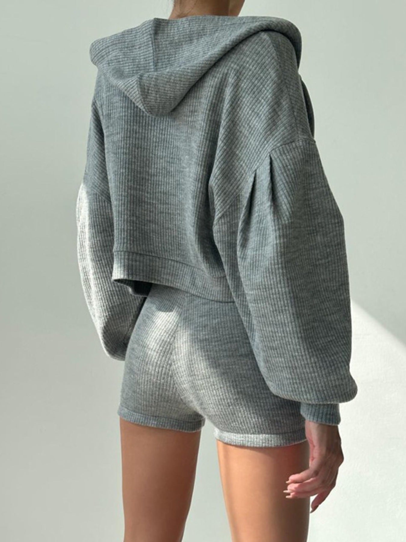 Ribbed knit hoodie top and shorts set in gray by Belle Bijouix, sleepwear and loungewear.