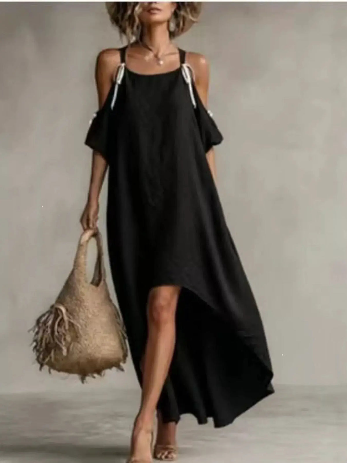 High-Low Cold Shoulder Maxi Dress in black with white tie straps