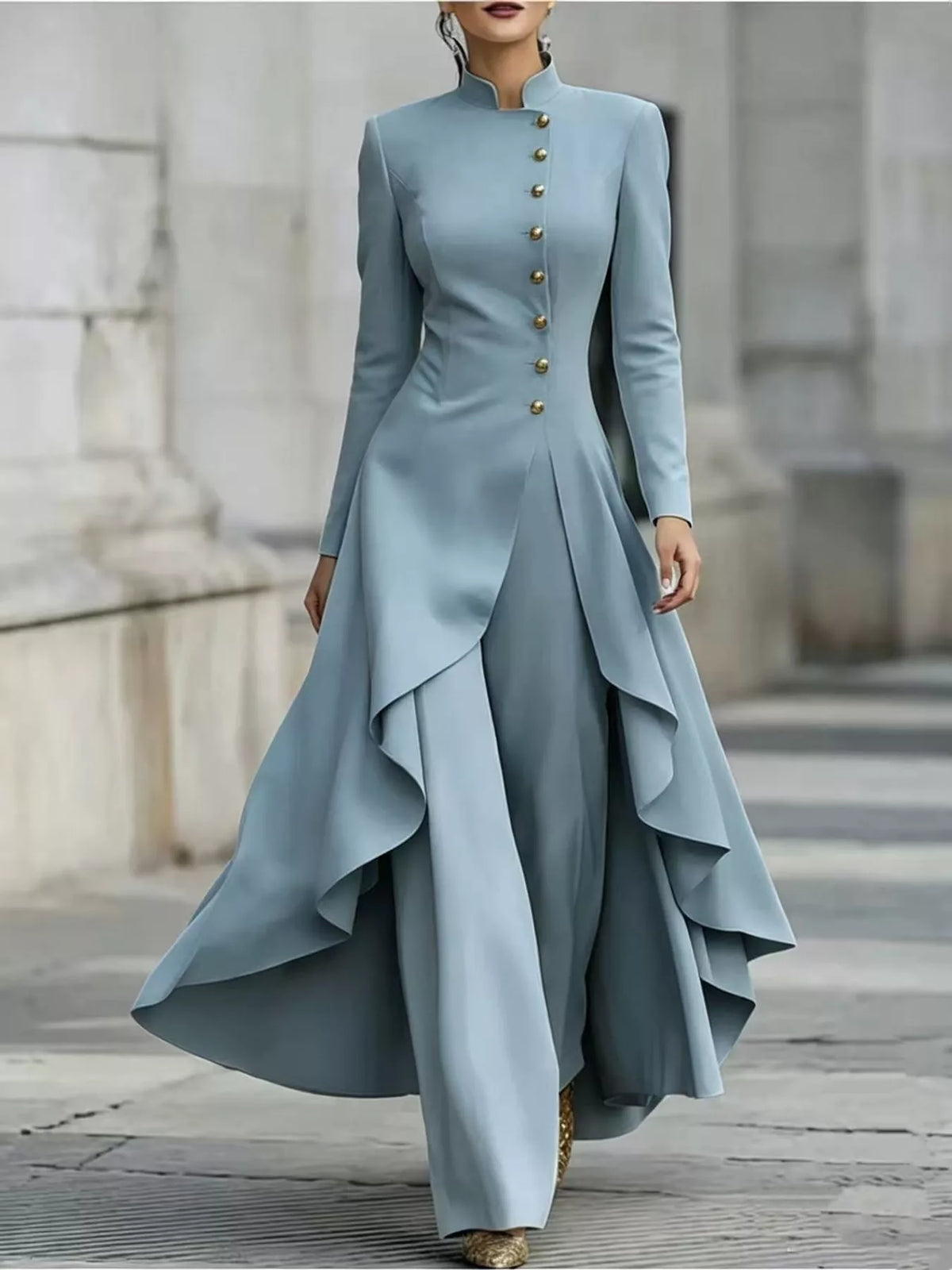 Ruffled High-Low Button Tunic & Wide-Leg Pants Set in Peacock Green by Belle Bijouix – view 43 of 82