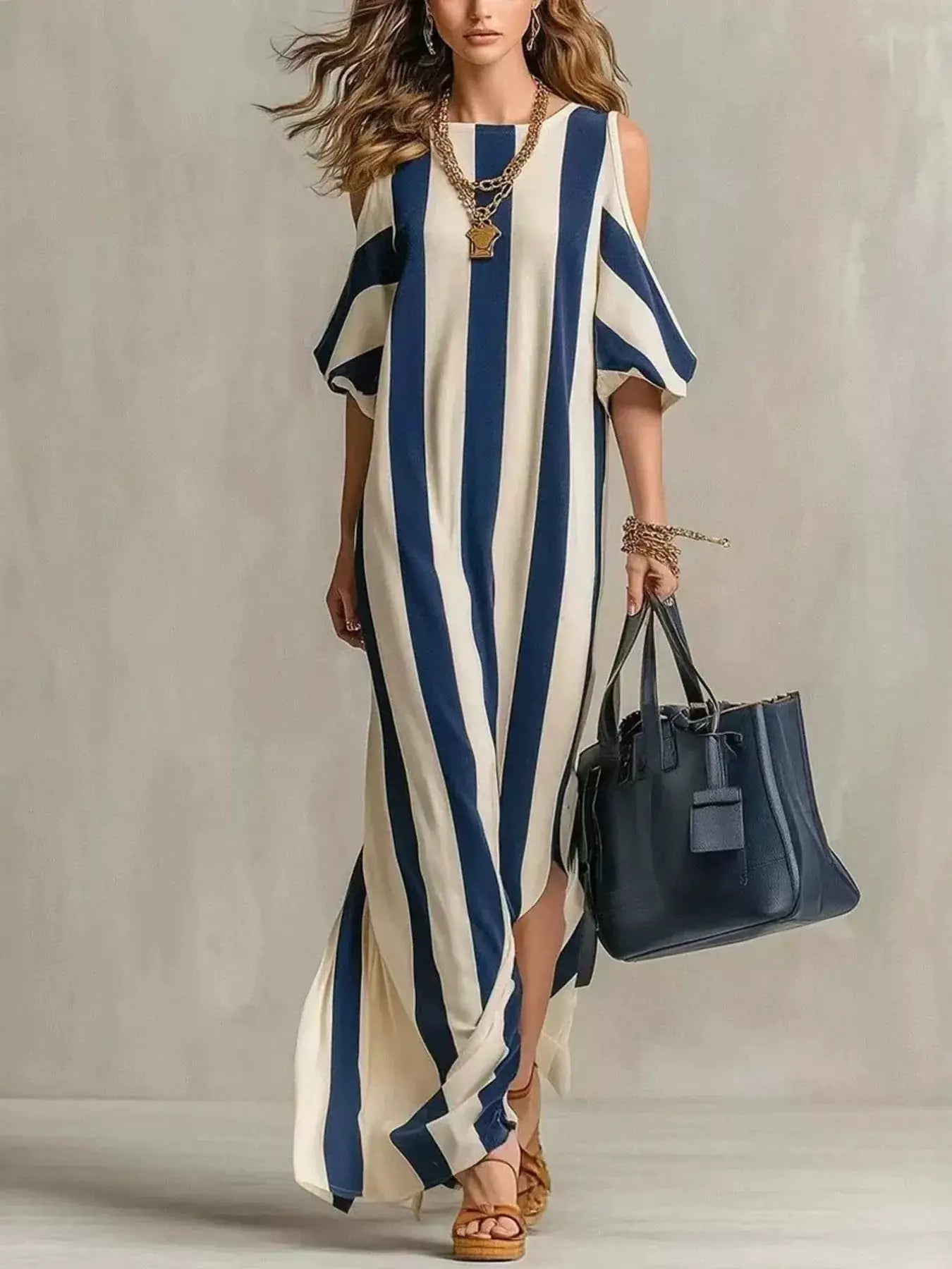Striped cold-shoulder maxi dress with blue and cream vertical stripes and side slit; model carries a blue handbag