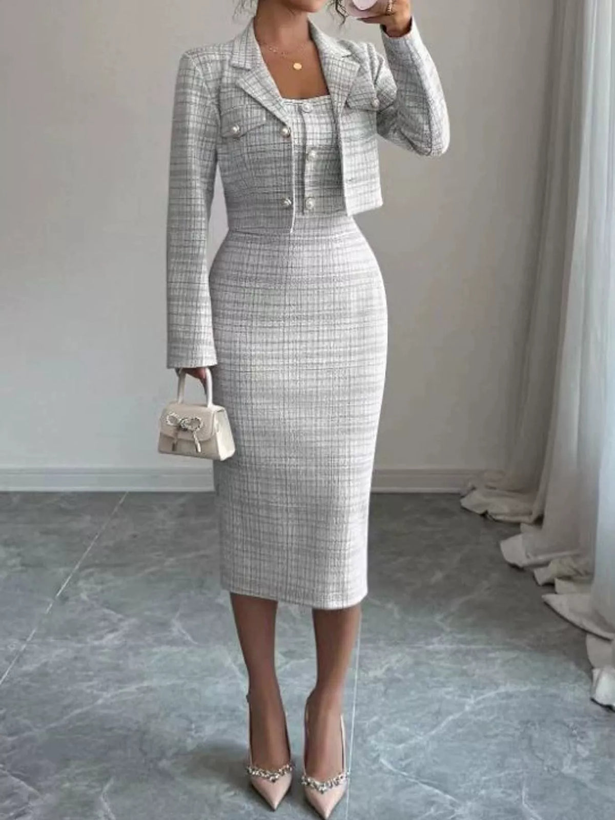Tweed Square Neck Dress and Cardigan Set in Black And White by Belle Bijouix – view 6 of 14