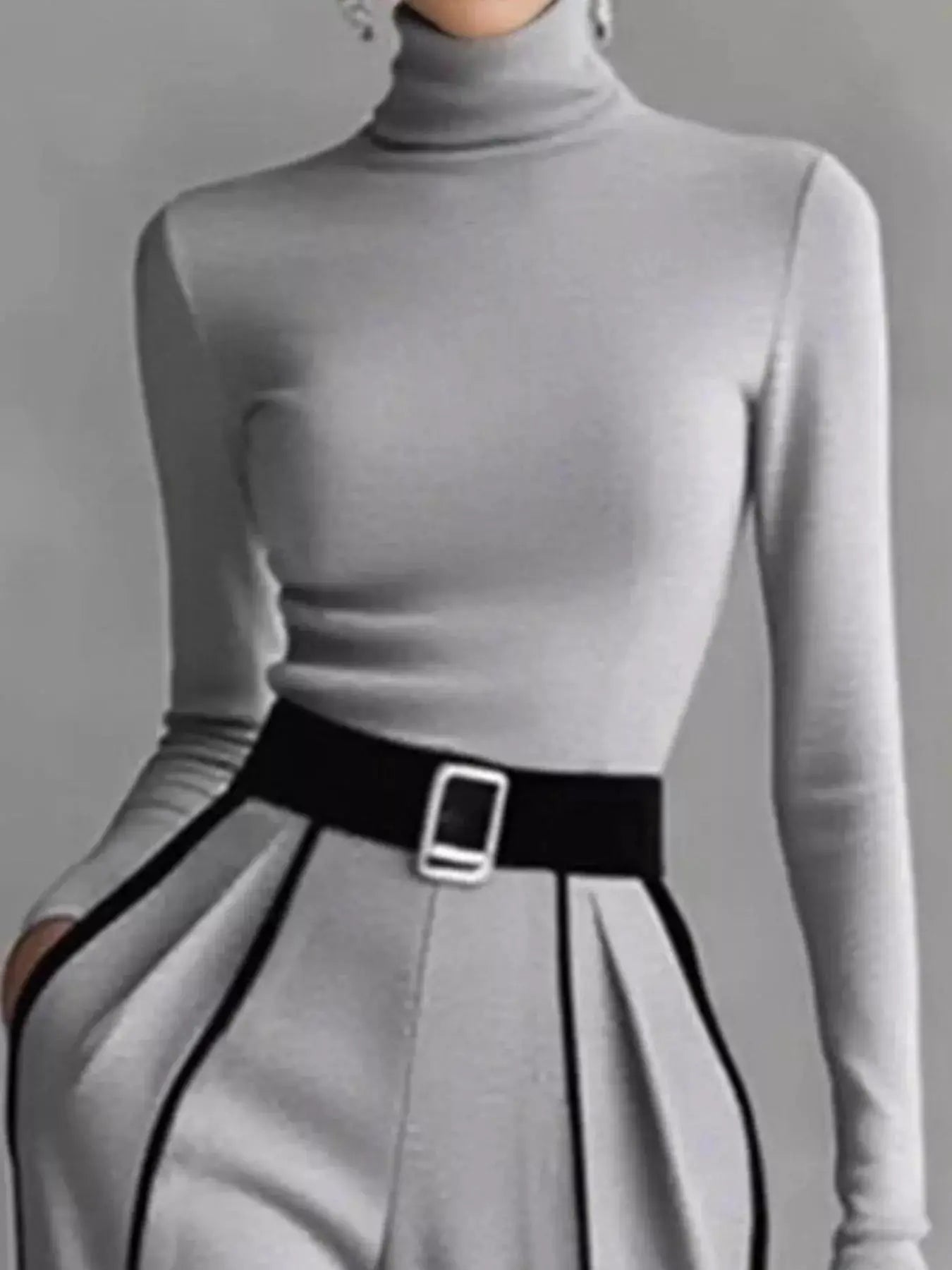 Trendsi turtleneck long-sleeve top and contrast gray pants set with black piping and belt buckle.