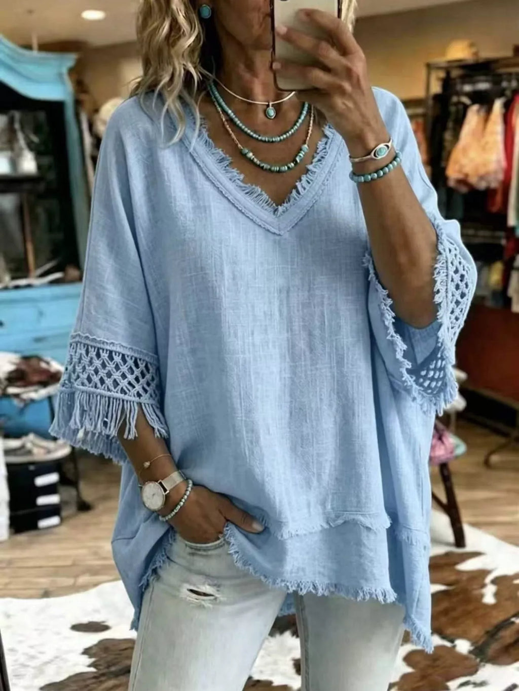 Fringe Trim V-Neck Loose Fit Blouse