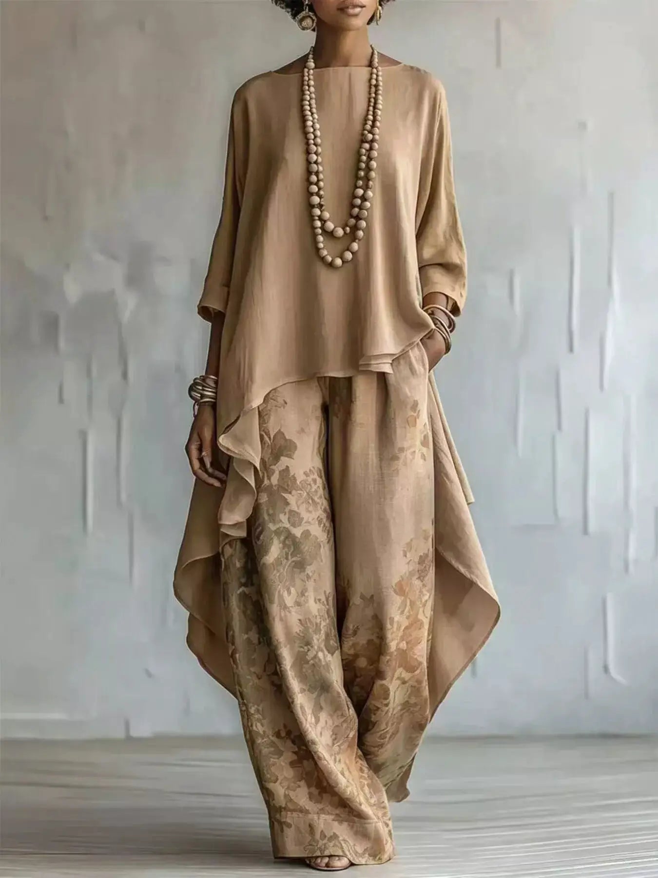 Asymmetrical Hem Top and Floral Pants Set in beige linen, two-piece outfit with layered beaded necklaces