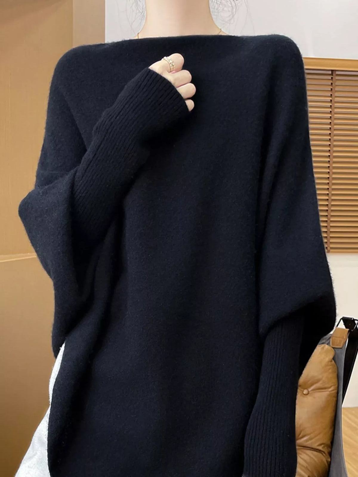 Oversized Asymmetric Wool Batwing Sweater in Black by Belle Bijouix – view 22 of 24