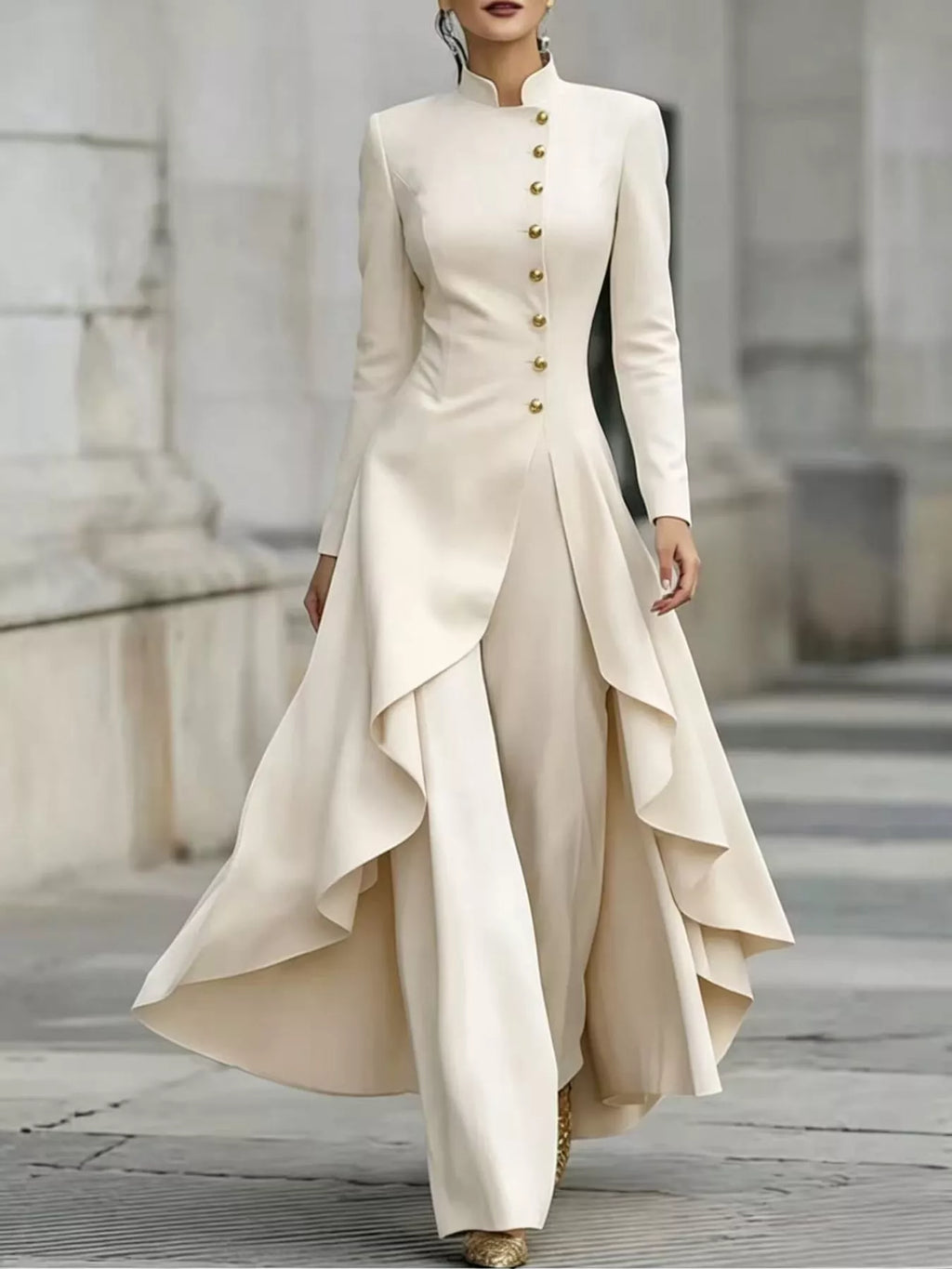 Ruffled High-Low Button Tunic & Wide-Leg Pants Set in Milky White by Belle Bijouix – view 21 of 82