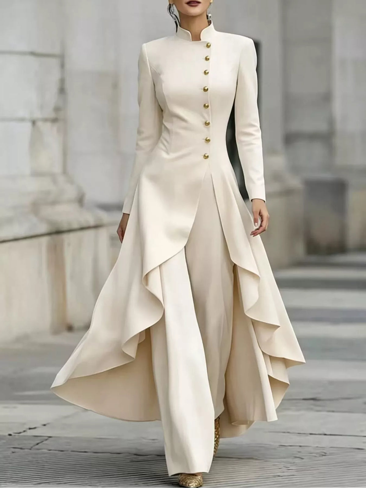 Ruffled High-Low Button Tunic & Wide-Leg Pants Set in Milky White by Belle Bijouix – view 21 of 82