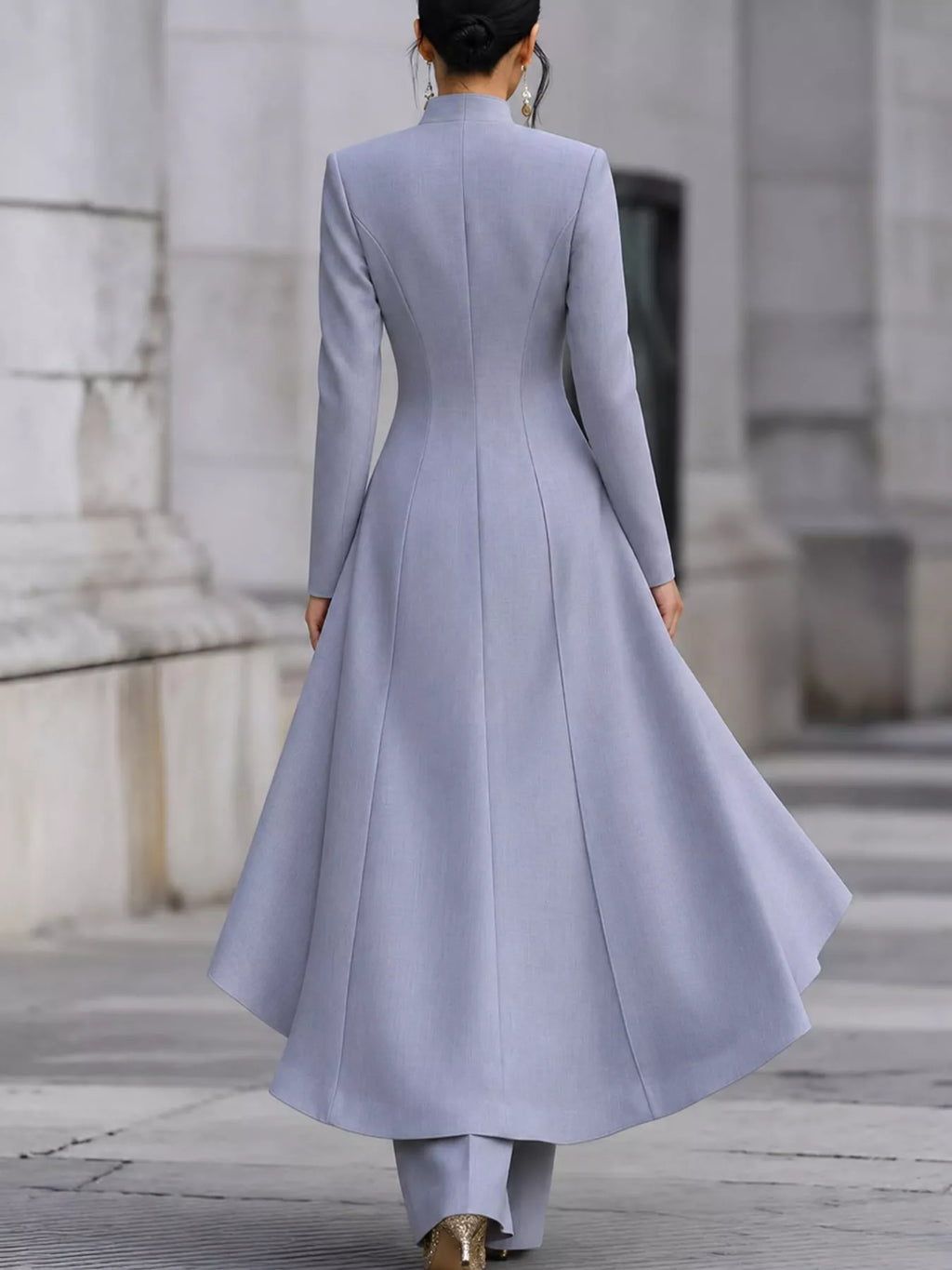 Ruffled High-Low Button Tunic & Wide-Leg Pants Set in Light Mist Gray by Belle Bijouix – view 79 of 82
