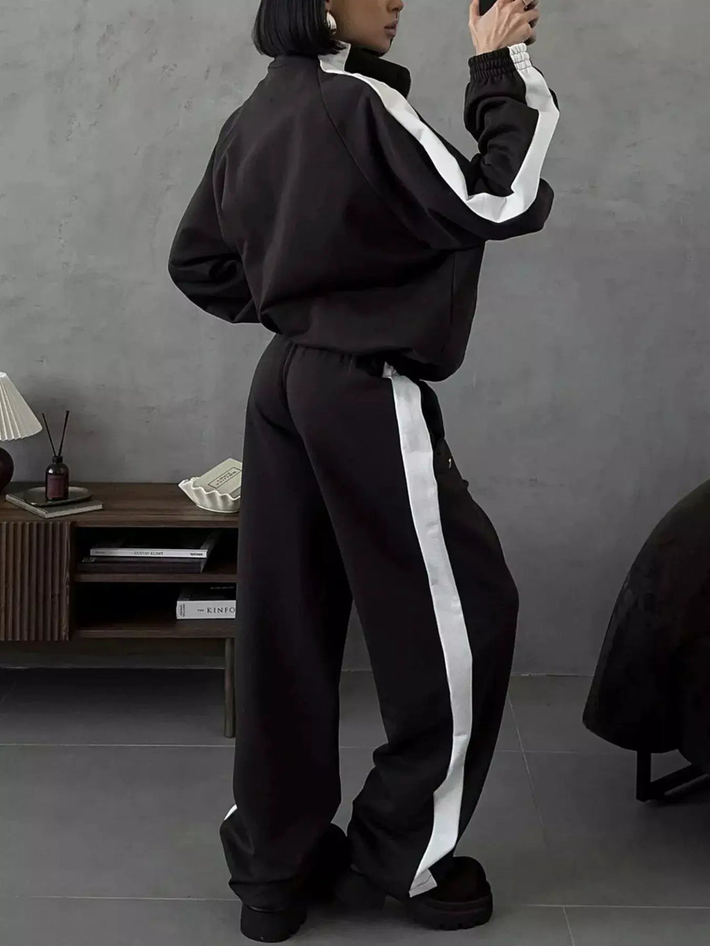 Two-piece zip-up long-sleeve activewear set in black with white side stripe, Belle Bijouix