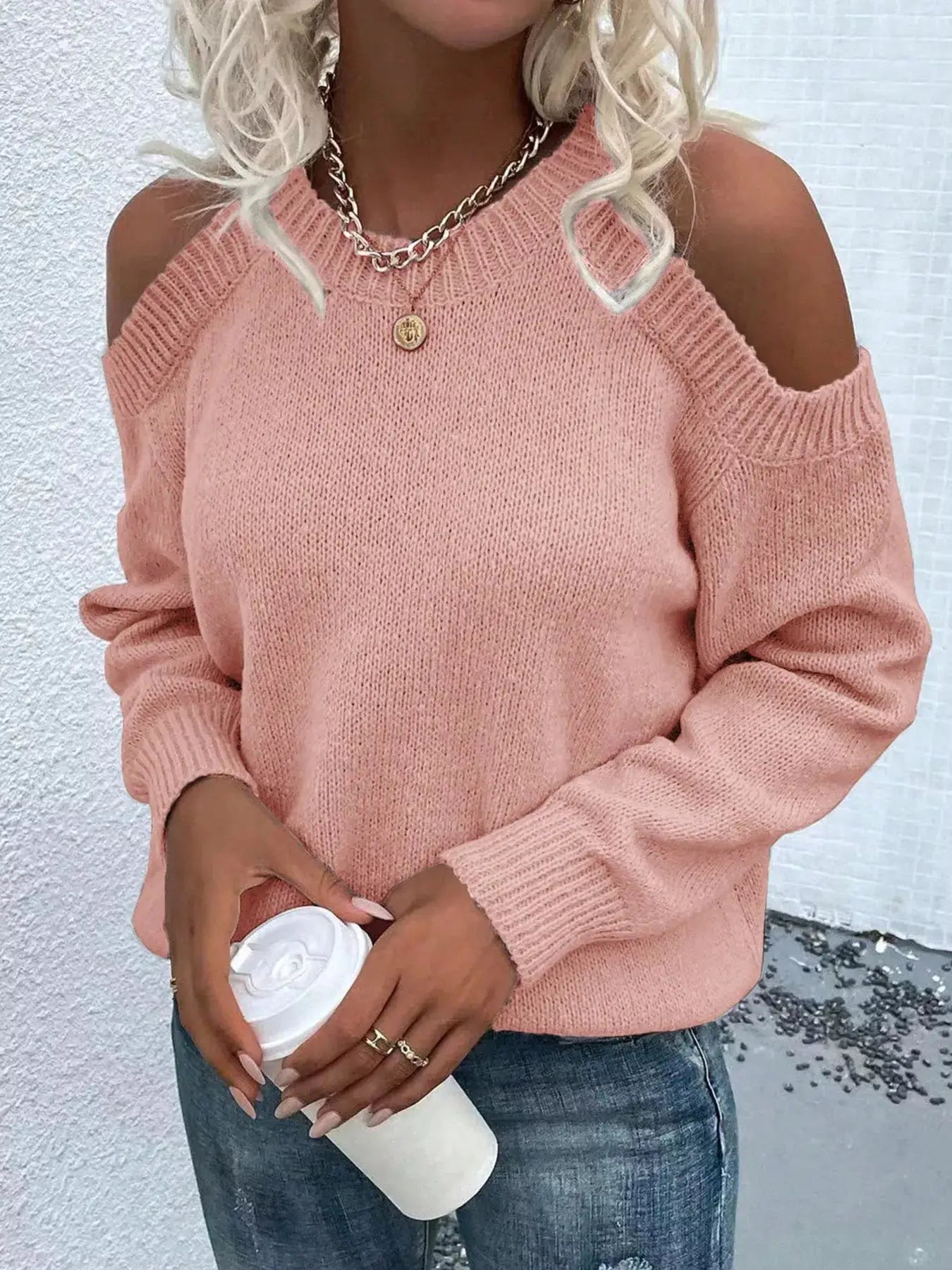 Cold Shoulder Knit Sweater by Belle Bijouix in pink knit with shoulder cutouts