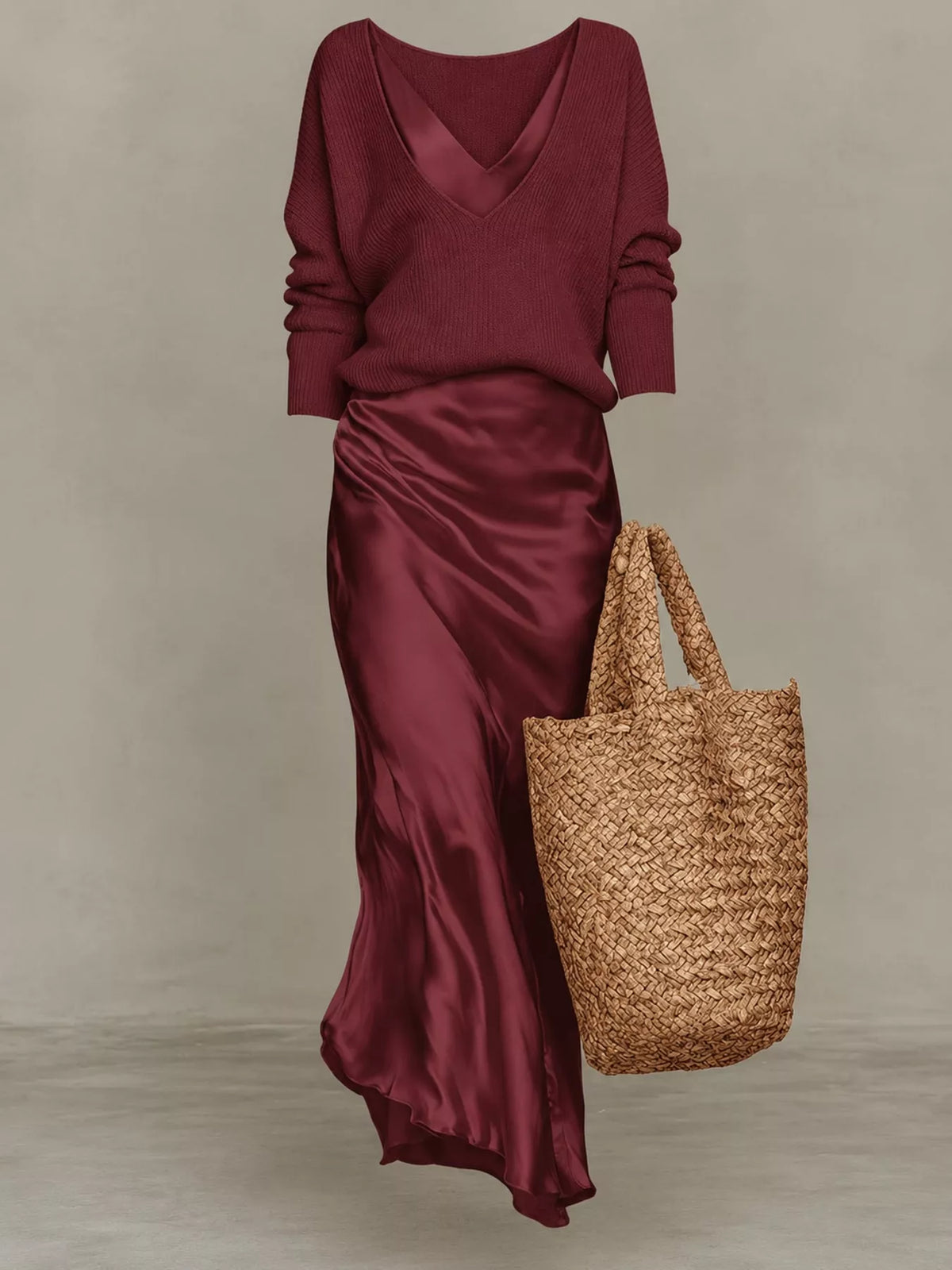 V-Neck Sweater & Satin Slip Maxi Dress Set in Burgundy by Belle Bijouix – view 24 of 41
