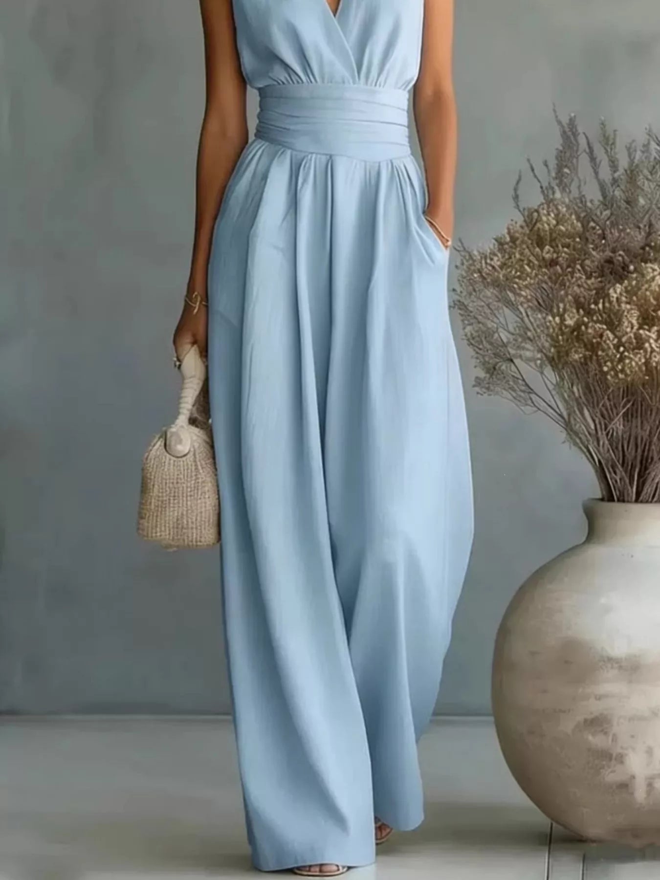 Full-Size Sleeveless Wide-Leg Jumpsuit, light blue, plus size, with wide waist belt