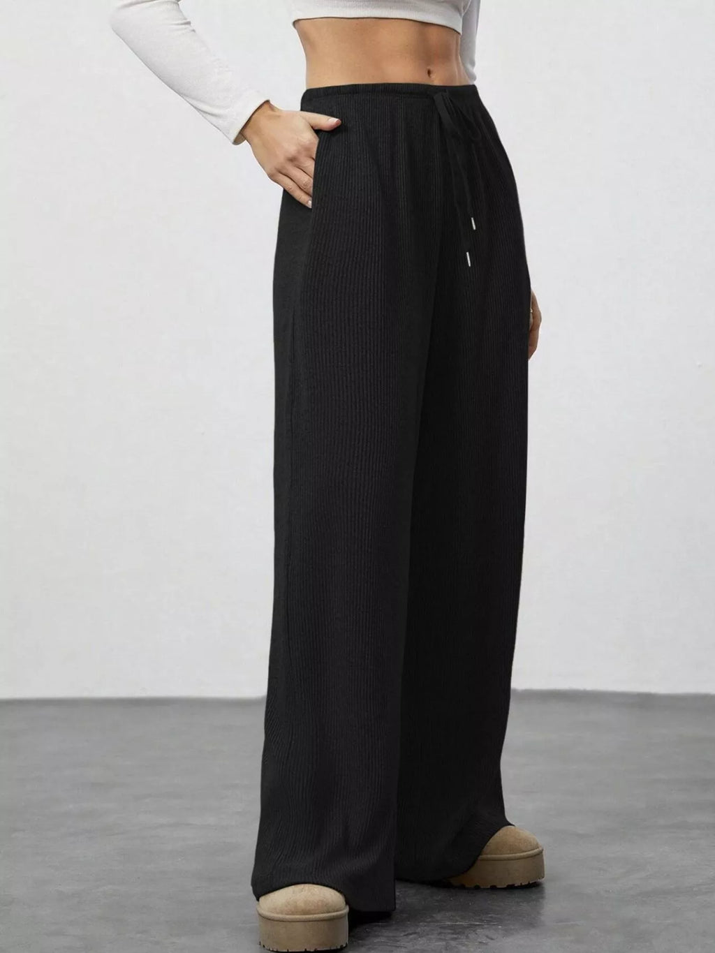 Relaxed Fit Drawstring Joggers by Belle Bijouix in black corduroy with pockets