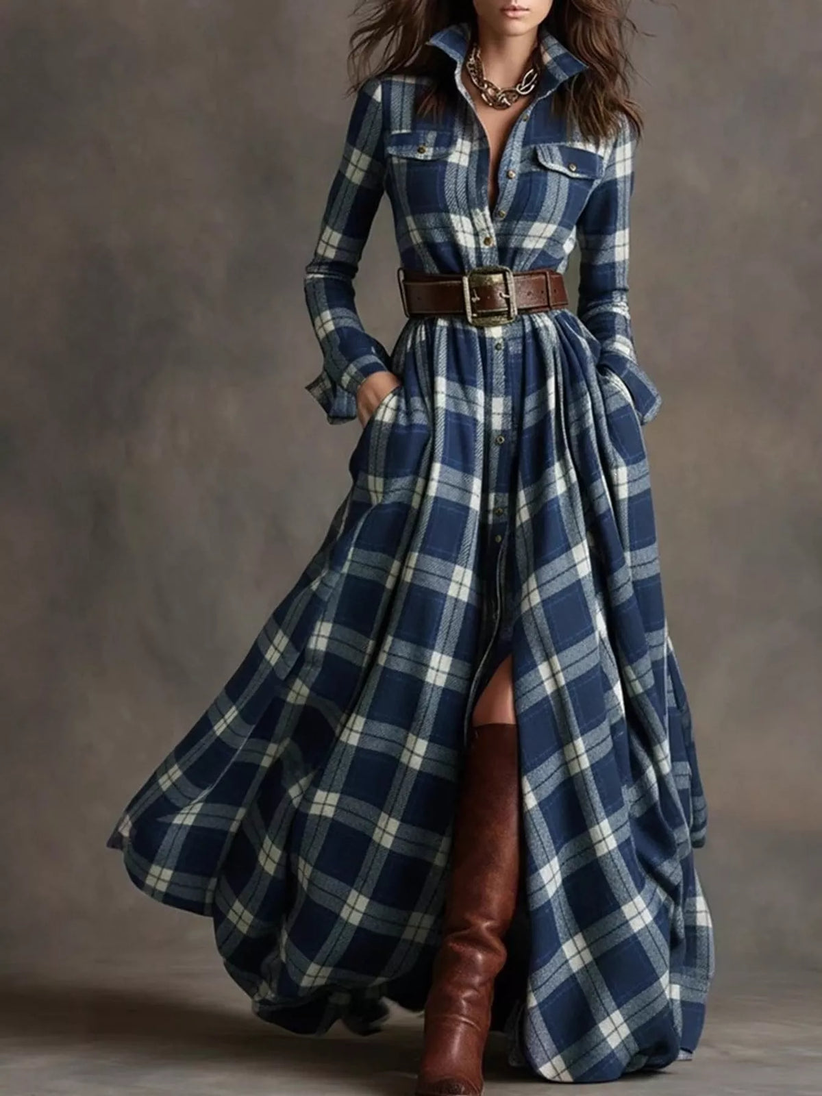 Belted Plaid Button-Down Maxi Shirt Dress in Blue Plaid by Belle Bijouix – view 7 of 27