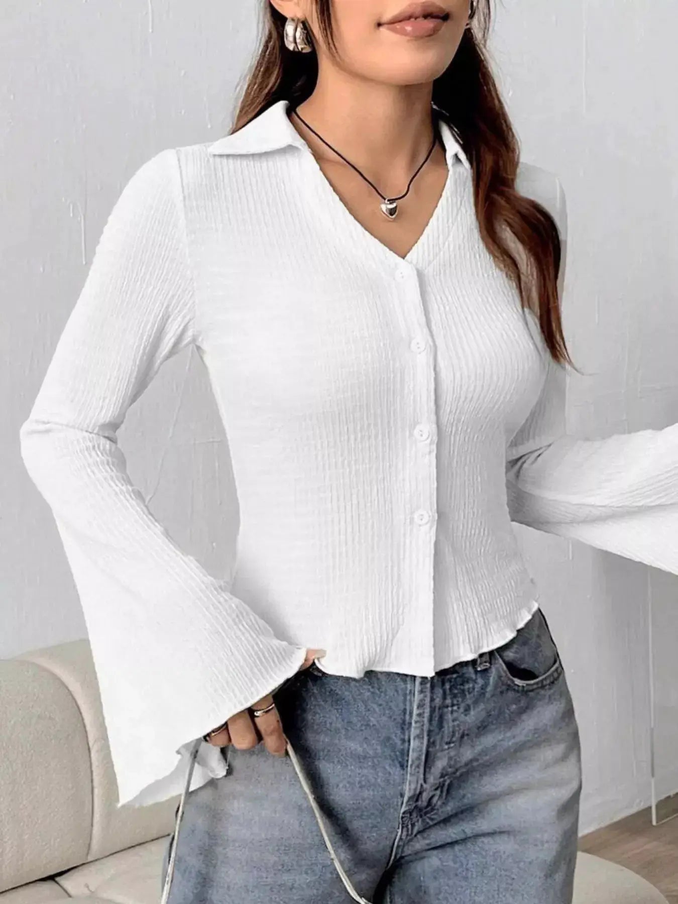 Button Up Flare Sleeve Shirt, white ribbed knit top