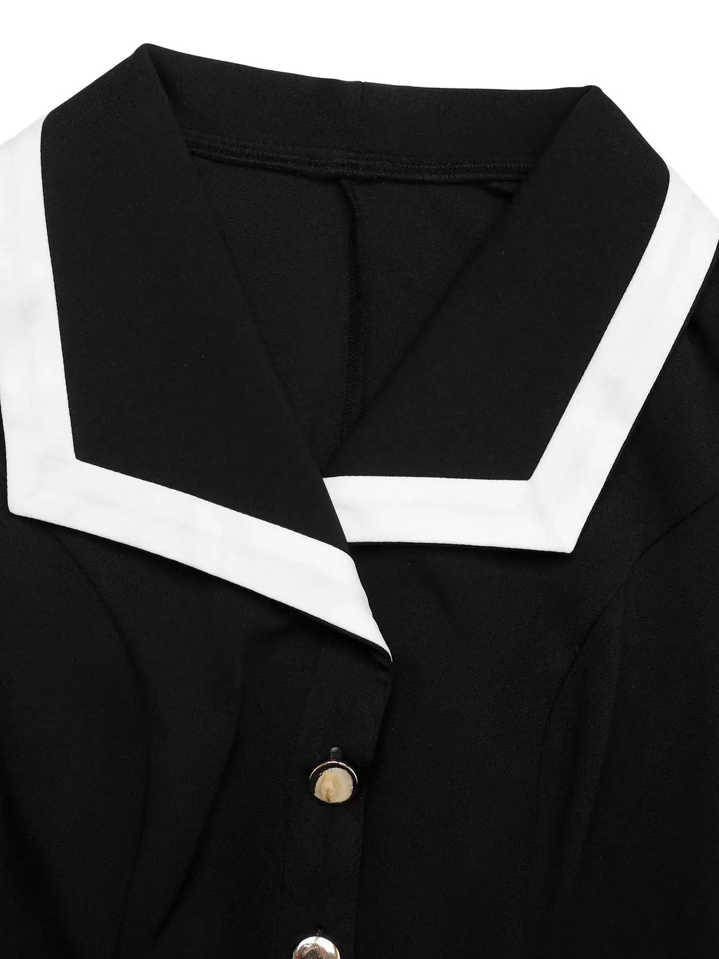 Sleeveless button-front dress in black with white sailor collar trim, Belle Bijouix