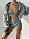 Ribbed knit three-piece loungewear set with hoodie in grey; top and shorts