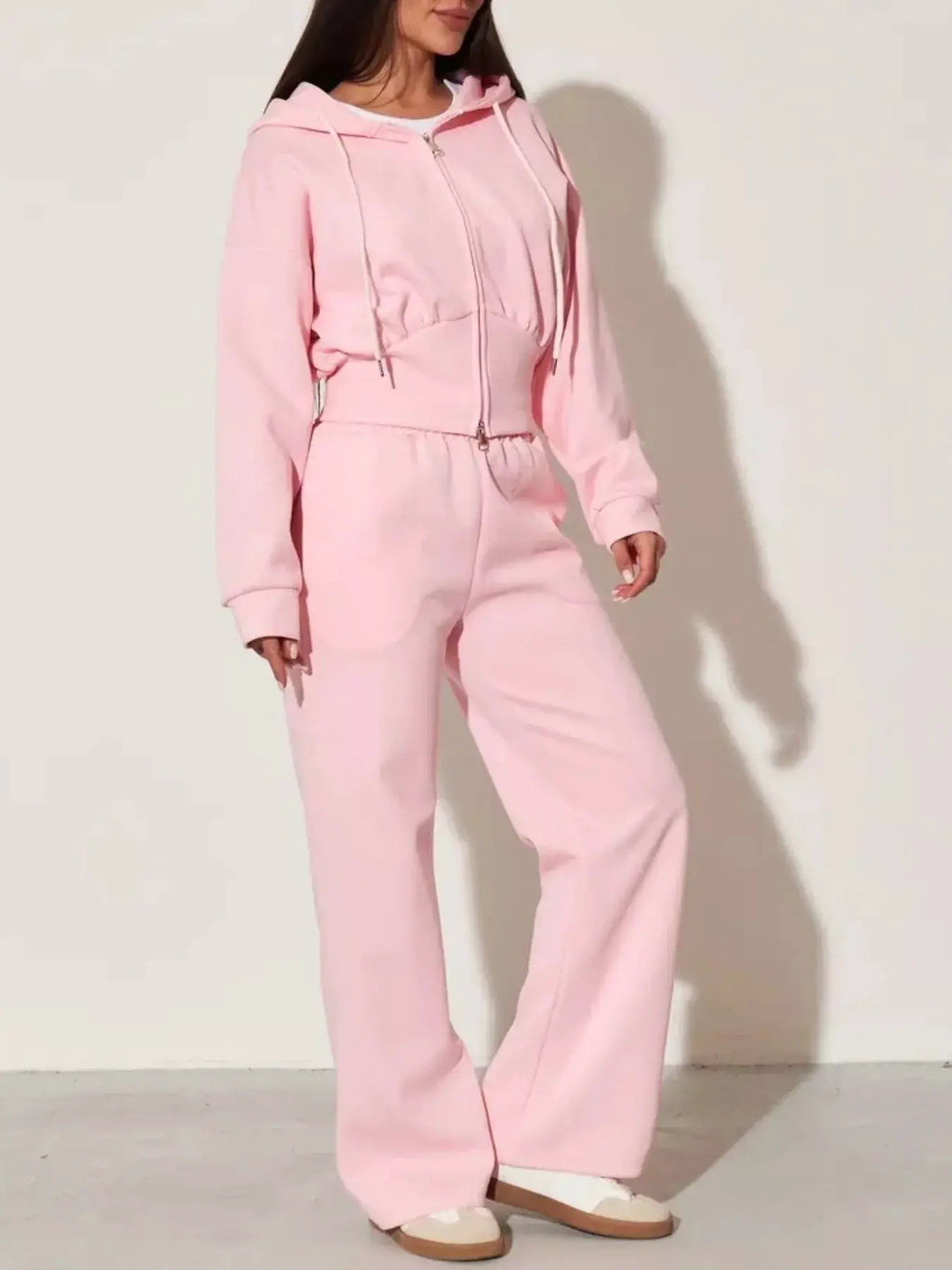 Zip-Up Hoodie & Wide-Leg Pants Set by Belle Bijouix in pink, women's lounge two-piece active wear.