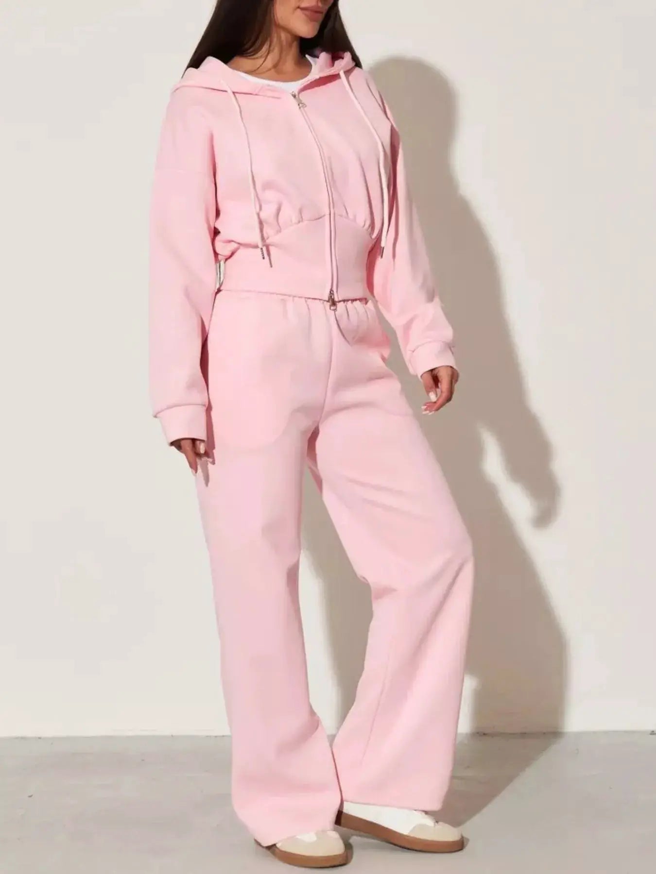 Zip-Up Hoodie & Wide-Leg Pants Set by Belle Bijouix in pink, women's lounge two-piece active wear.