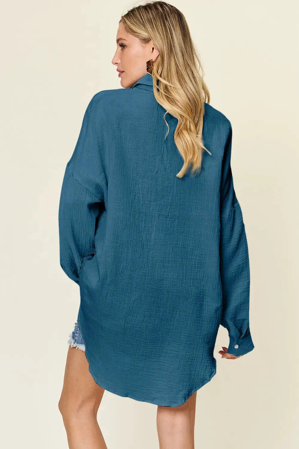 Double Take Full Size Pocketed Texture Button Up Shirt in teal with loose fit and curved hem