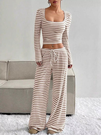 Rain Show Striped Long Sleeve Crop Top & Wide-Leg Pants Set