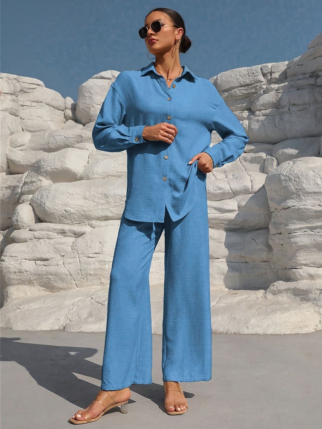 Trendsi blue button-up long-sleeve shirt and wide-leg pants set in linen-like fabric.