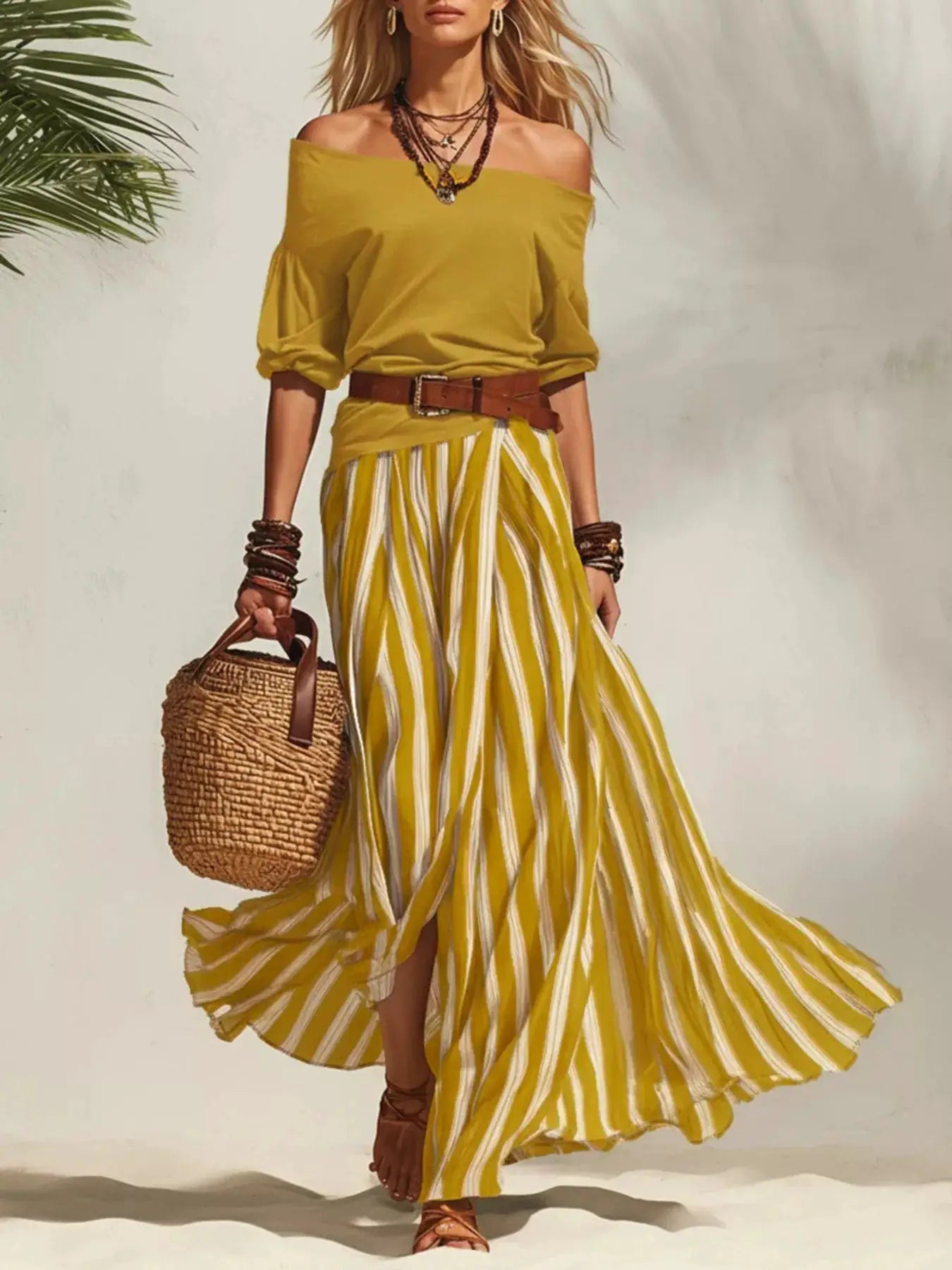 Belle Bijouix Off Shoulder Top and Striped Maxi Skirt Set in mustard yellow, belted waist with straw bag.