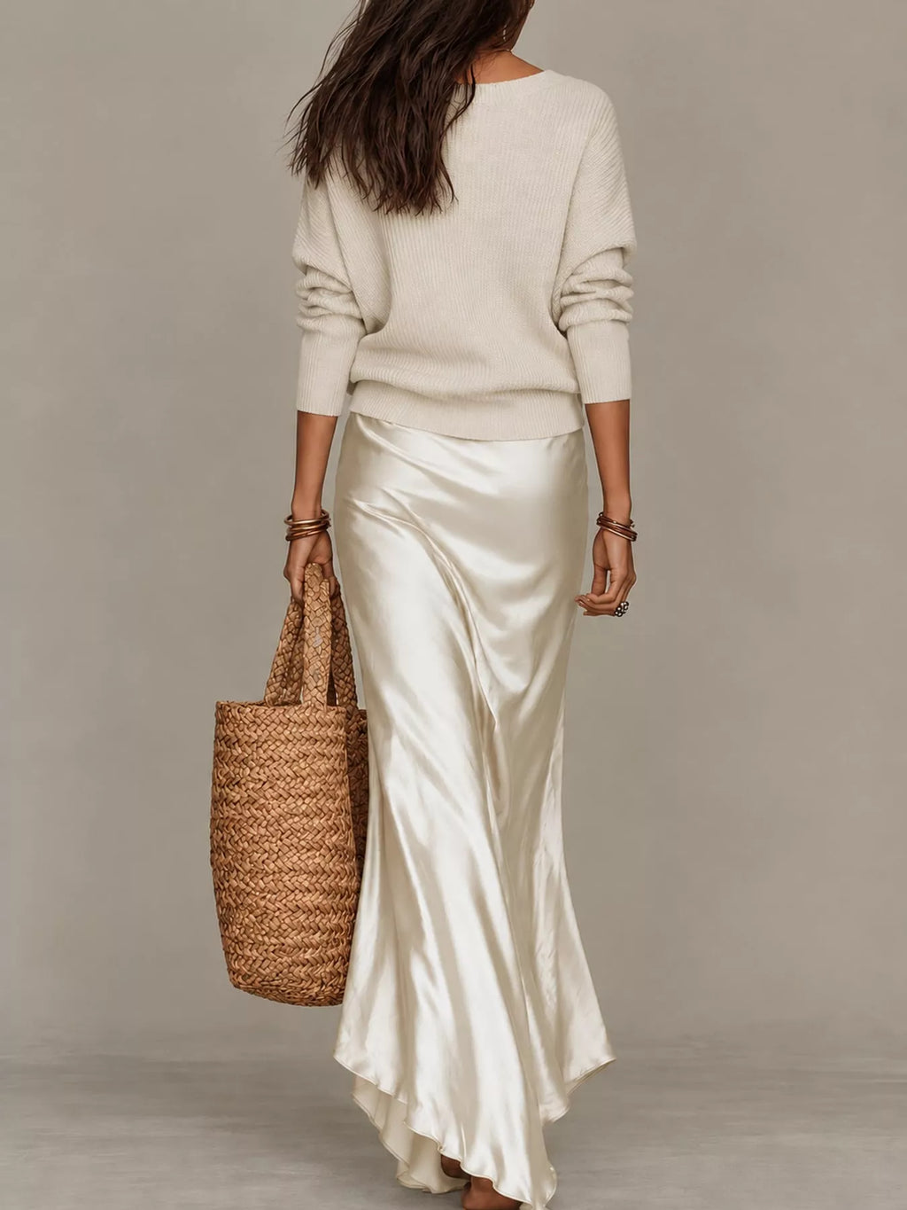 V-Neck Sweater & Satin Slip Maxi Dress Set in Apricot by Belle Bijouix – view 11 of 41