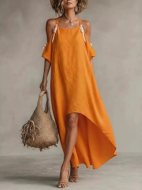 orange high-low cold-shoulder maxi dress with white shoulder-tie straps