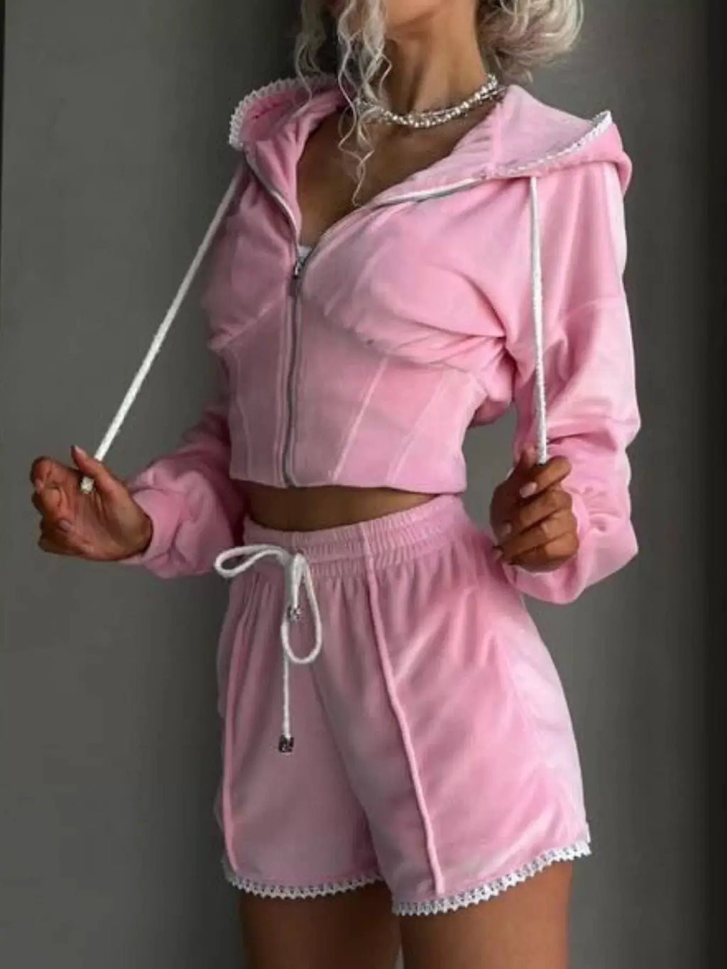Zip Up Hooded Outerwear and Shorts Set, pink two-piece activewear with white drawstrings and lace-trim hems